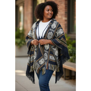 Tejidos Diaz Poncho Navy Cream Multi Aztec Patterned Wool Blend Fringe ONE SIZE